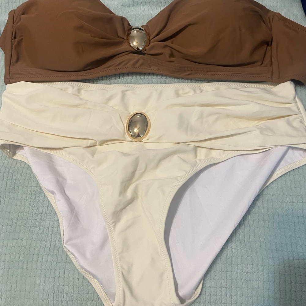 Two-Piece Bikini Set in Brown and Cream with Gold Accent